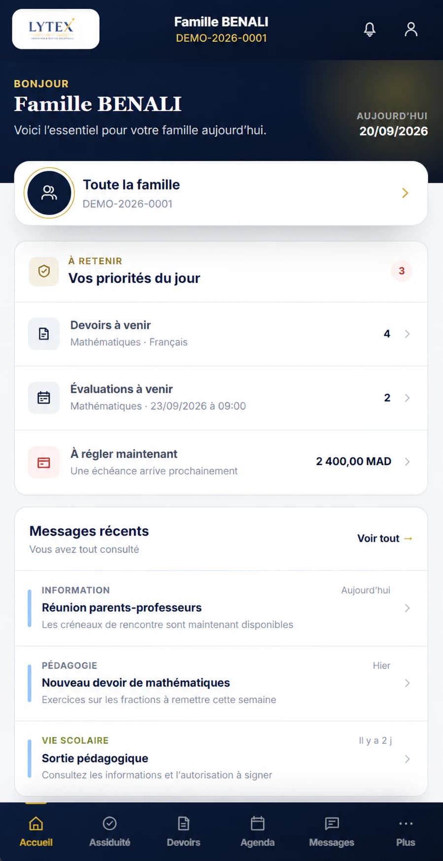 Écran de démonstration MyLYTEX présentant l’accueil de la famille BENALI avec les priorités, devoirs, évaluations et messages récents