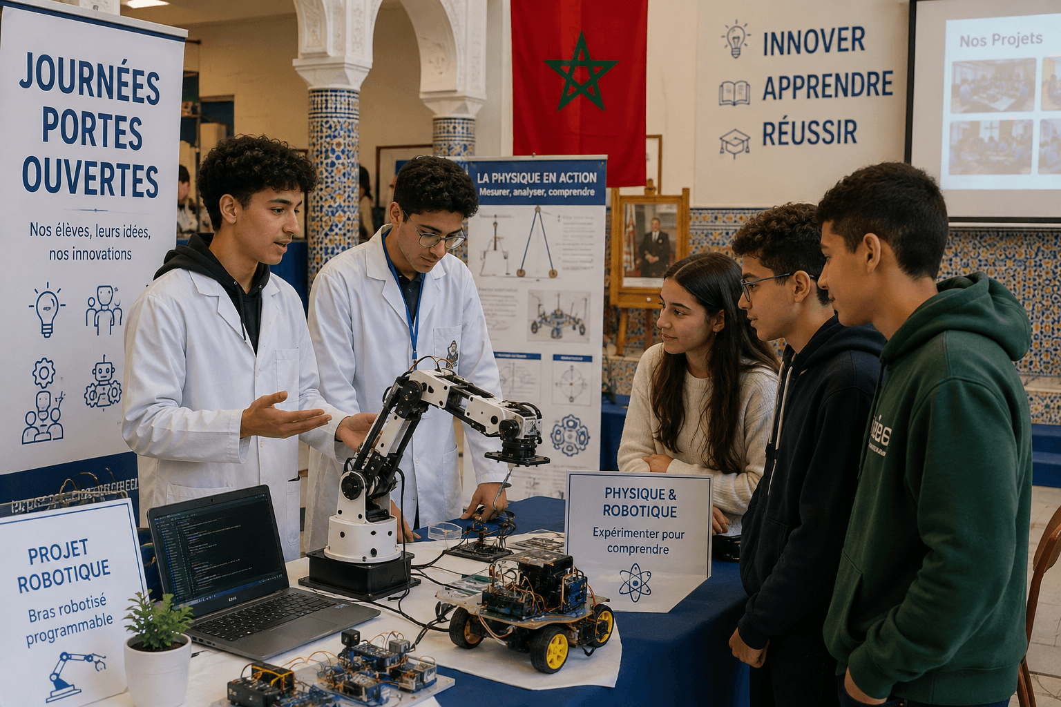 Élèves présentant leurs projets de physique et de robotique lors des journées portes ouvertes LYTEX